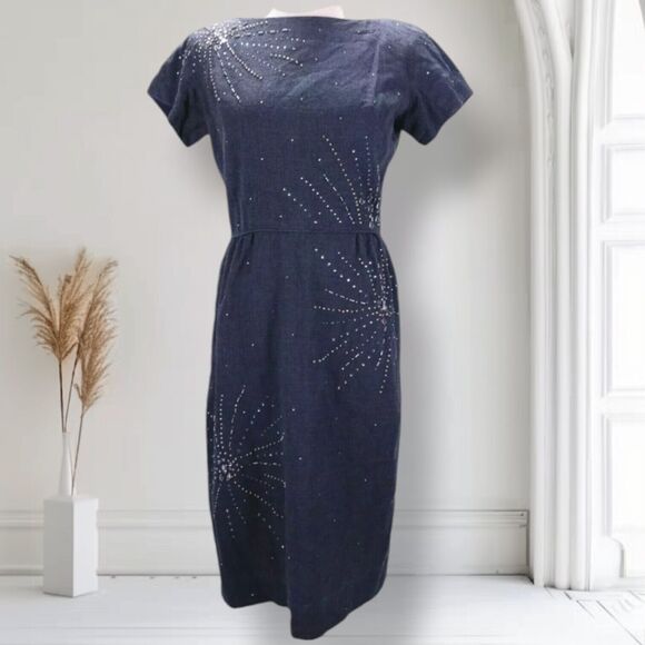 Vintage 50s 60s Beaded Fitted Cocktail Sheath Dress Size 6 Chambray Boat Neck - Picture 2 of 13
